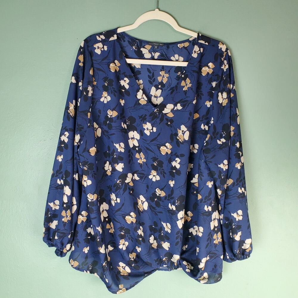 West Kei Womens Blue Floral V-Neck Blouse Top Size 3X
